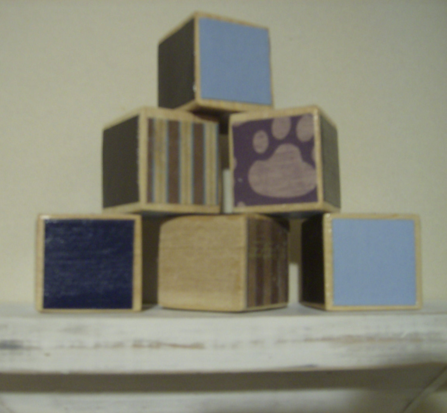 puppy paw print blue brown vintage style designer boutique wooden baby blocks - wood nursery blocks - maternity baby photography props -