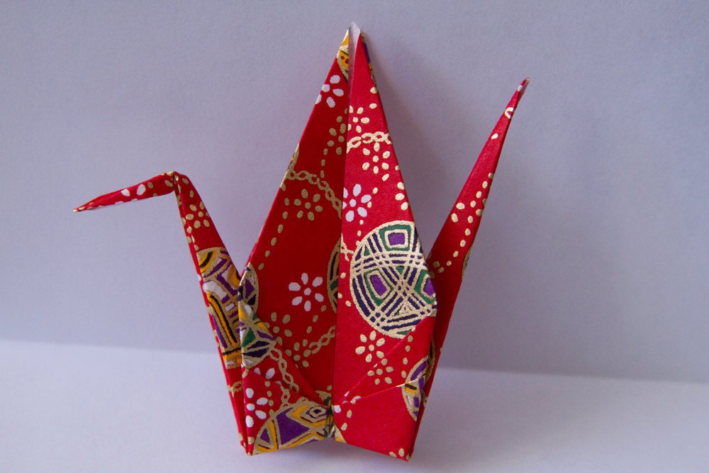 12 Origami Cranes made from Yuzen Washi Origami Paper - Large