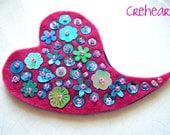 Raspberry - OOAK Handmade Felt and Sequins Heart Brooch - LOVE Collection