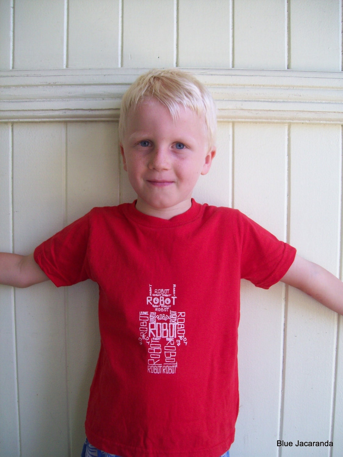 Robot Word Art Tshirt - Screenprint White on Red - 3 to 5 years