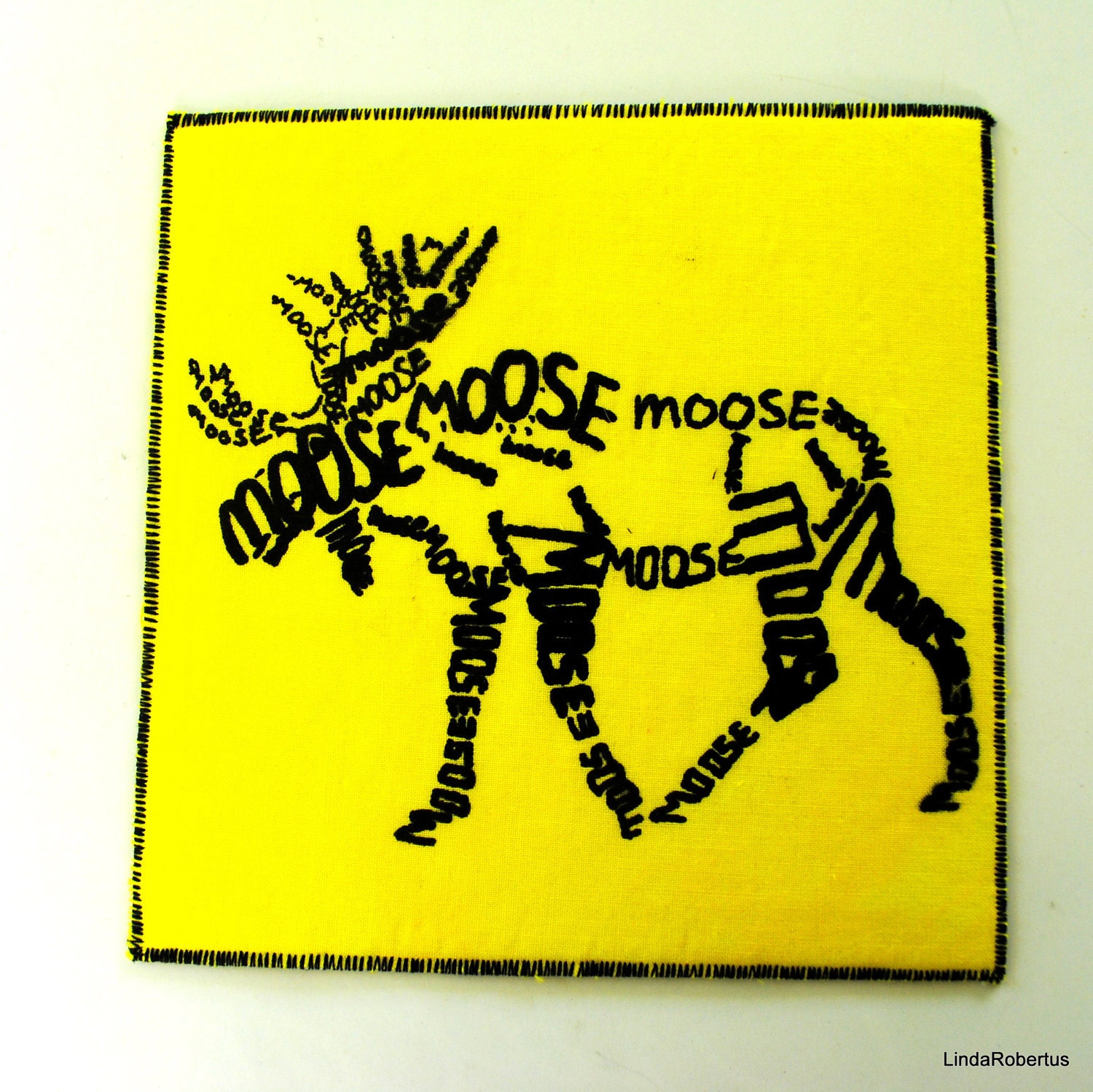 Moose Word Art Card Screen Print Black on Yellow Calligram