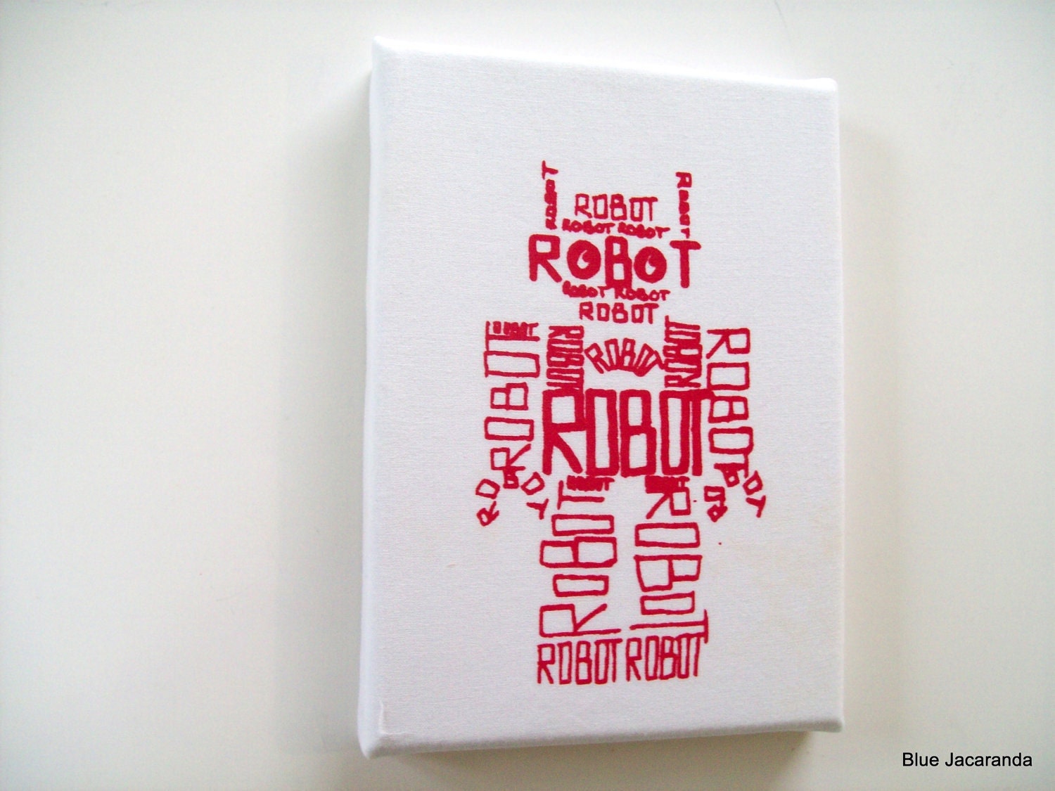 Robot Screen Print Stretched on Canvas Word Art Red on White