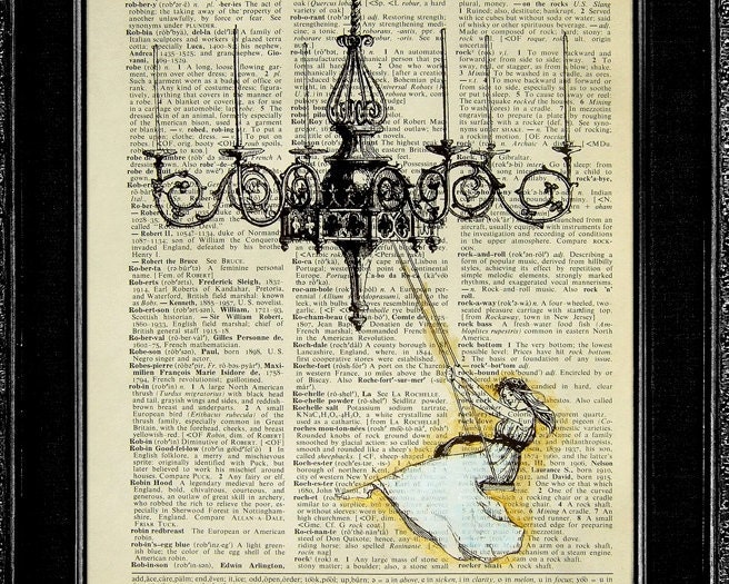 Art Print / Poster - Happy Swinging Girl - ORIGINAL ARTWORK hand painted Mixed Media on Vintage Dictionary page, Unique art, Retro print