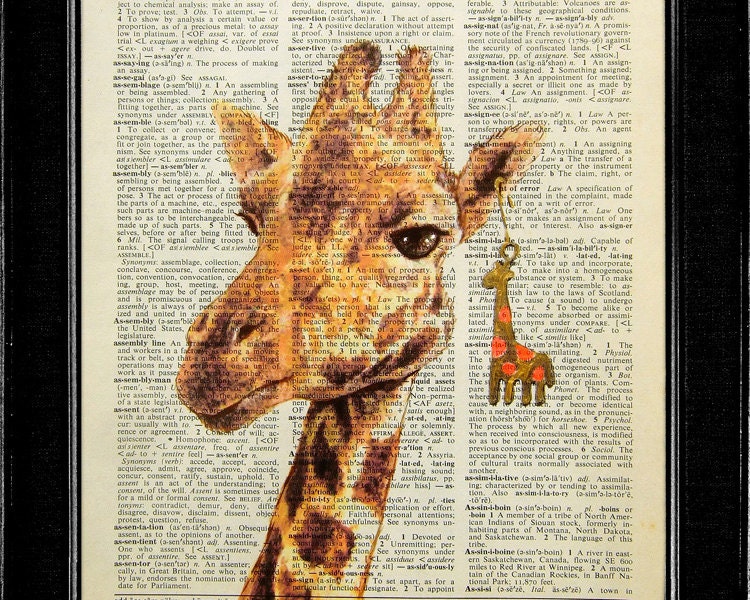 Animal Art Print - Giraffe with giraffe earring - Mixed Media Vintage Dictionary art print, Dictionary print, ORIGINAL ARTWORK hand painted