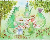 Dragon Birthday Party for Children Nursery Baby Picnic Original Watercolor Print  12 x 9 Signed Giclee
