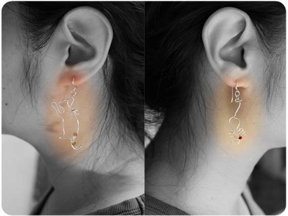 Cat and Mouse Earring- Sterling Silver, Crystal beads