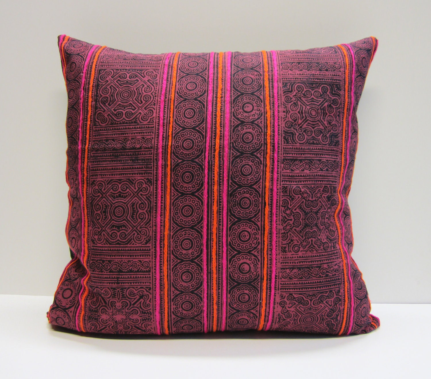 Hand block printed and embroidered Hmong textile cushion cover 18"x18"