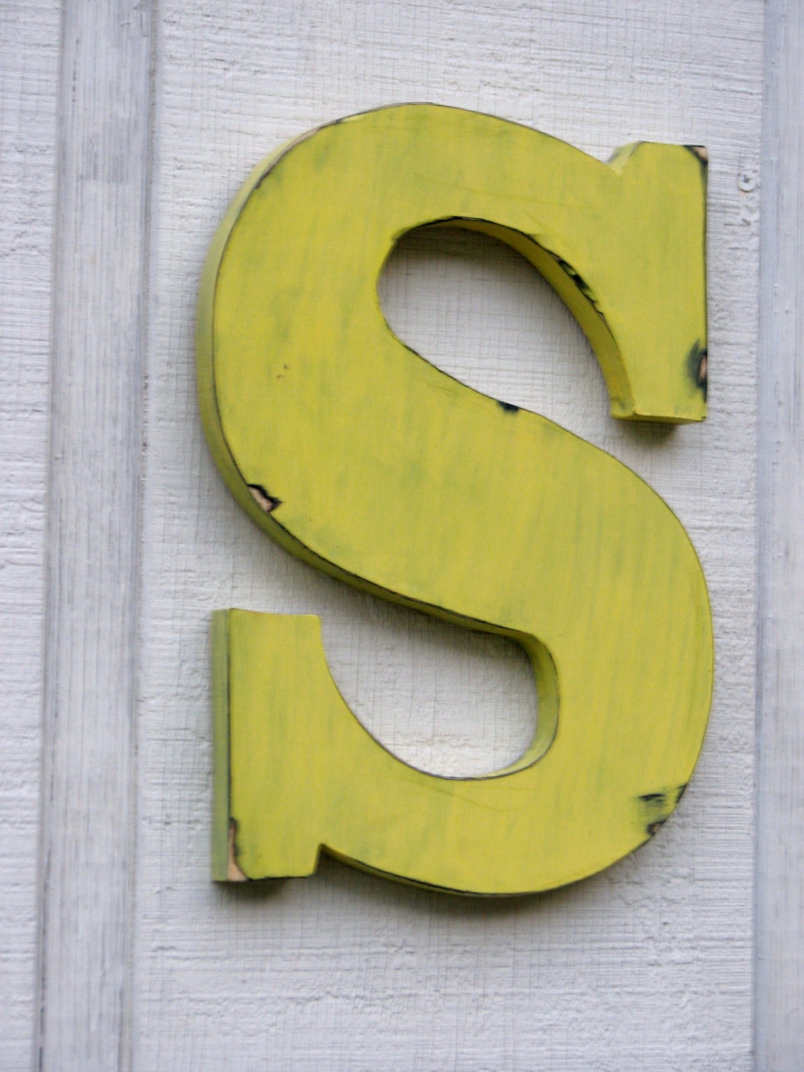 Rustic Wooden Letter,S Distressed Painted sunshine yellow,12" tall Wood Name Letters, Custom Wedding Gift