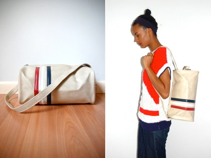 Vtg Retro Striped Red White Blue Bowling Gym Bag