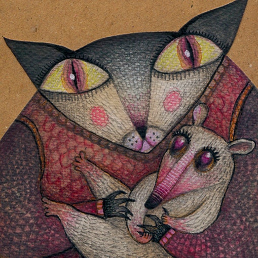 Little orphaned rat adopted by Mother Cat - giclee print