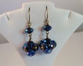 Metallic blue crystal glam earrings, sparkly beaded crystal conglomeration dangle earrings in blue and antique brass