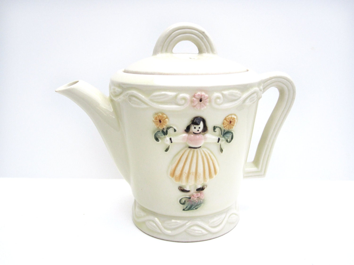 Teapot or Coffeepot, Vintage White Porcelain with Girl, Pink and Yellow Flowers, Kid's Room or Baby Decor
