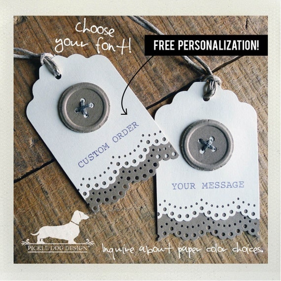 All Buttoned Up. Personalized Gift Tags (Set of 12) -- (Vintage-Style, Bridal Shower, Rustic Wedding, Baby Shower, Thank you, Button Tags)