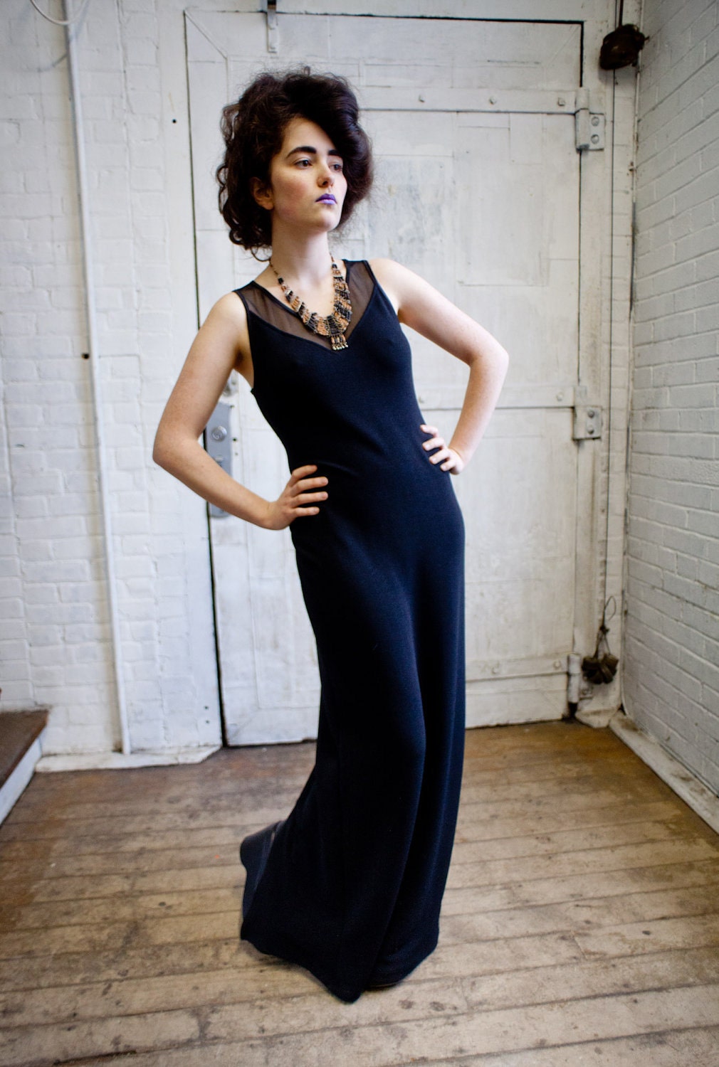 80s Black mesh maxi dress medium