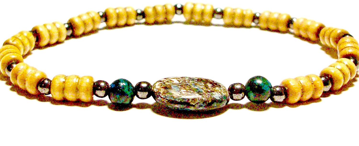Men's Bracelet: "Elite"  Genuine Hematite, Squama Stone, Turquoise, And Wood