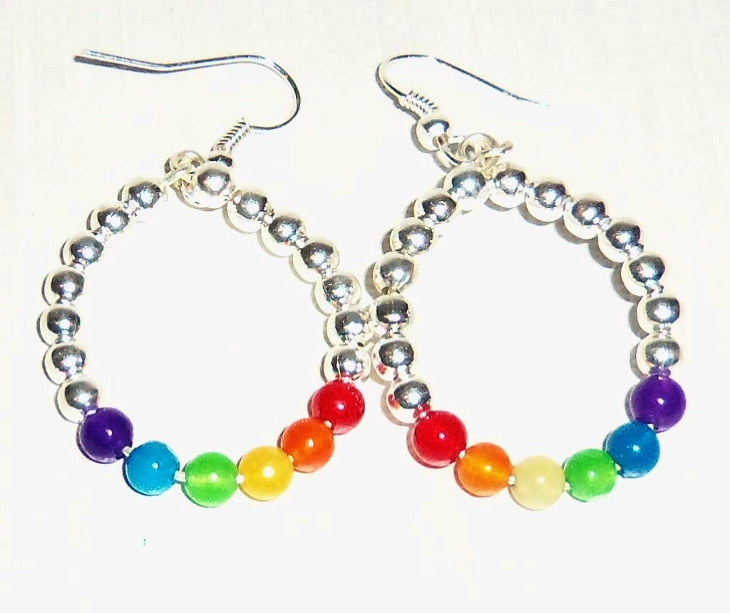 Rainbow Earrings Dangling Hoops Rainbow Quartzite & 925 Silver Beads By A'Nena Jewelry