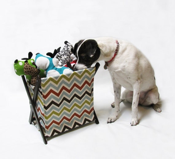 Aqua, Orange, Brown, & Lime Chevron Stripe Pet Toy Hamper with frame