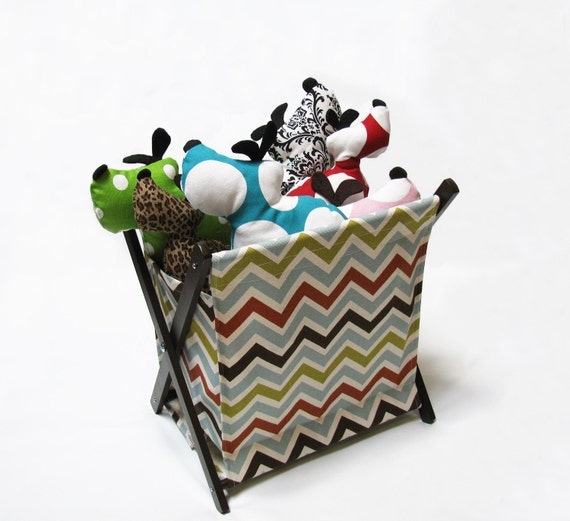 Aqua, Orange, Brown, & Lime Chevron Stripe Pet Toy Hamper with frame