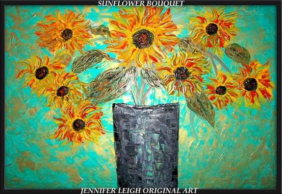 SUNFLOWER BOUQUET...Original Large Abstract Painting Modern Contemporary Canvas Art Turquoise Yellow Gold Floral Oil by J.LEIGH