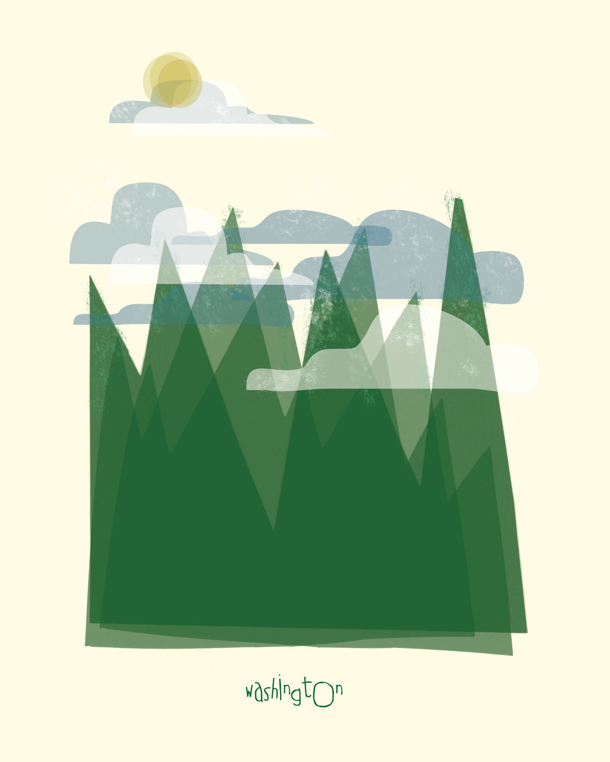 Washington art print illustration - 11x14 - green mountains poster wall decor