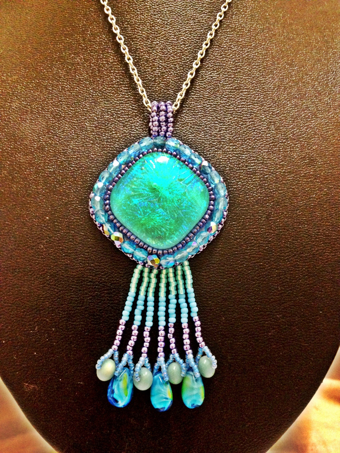 feeling blue, bead embroidered pendant