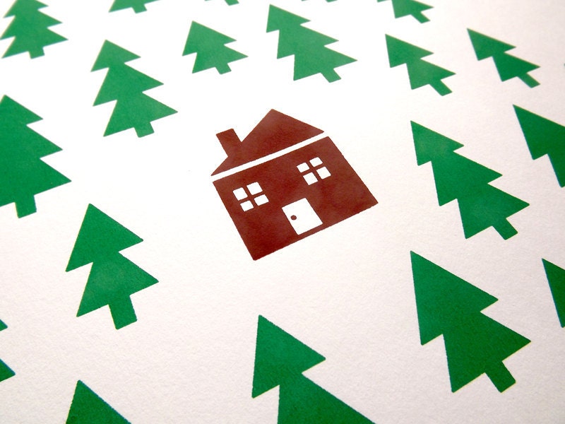 House In The Woods A3 Screenprint in Green and Brown by hello DODO