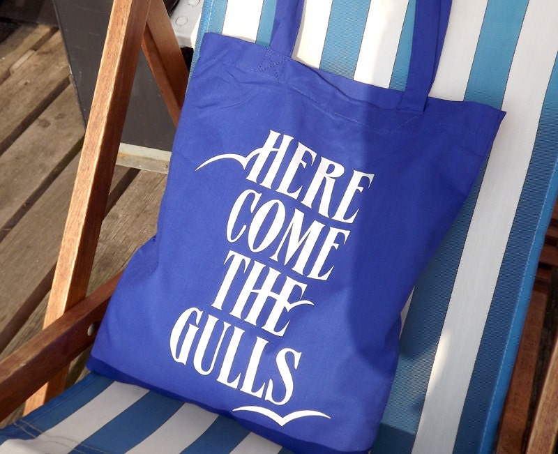 Here Come The Gulls Screenprinted Blue Tote Bag by hello DODO - Seagulls, Seaside, Beach, Brighton