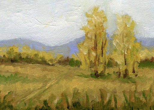 Yellow Fall Trees Landscape, Green Grass, Clouds Sky- Mountains- Original Oil Painting- ACEO ATC Art Card