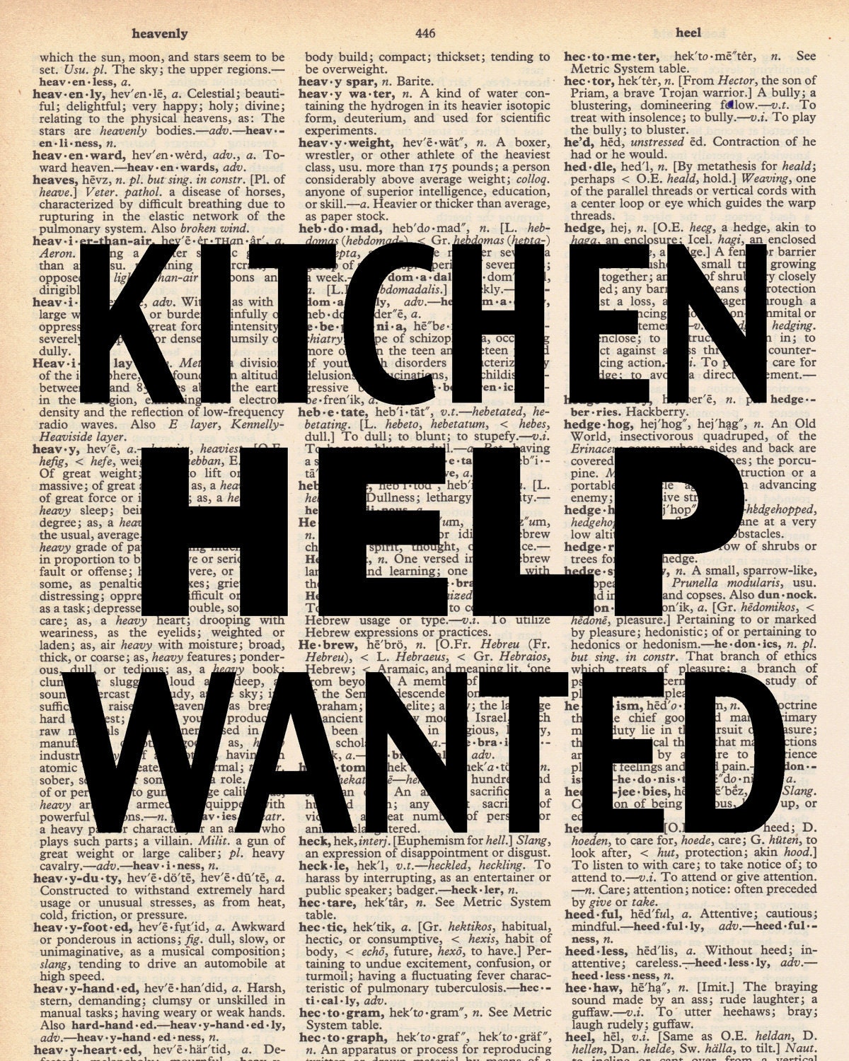 Vintage Dictionary Kitchen Help Wanted - plus FREE 5x7 monogram