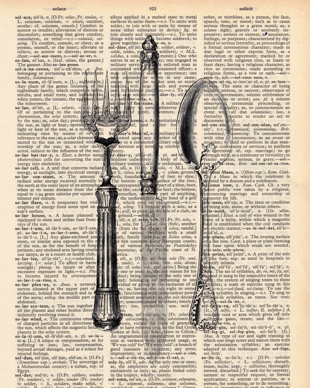 Vintage Dictionary Fork Spoon and Knife Utensils print - plus FREE 5x7 monogram