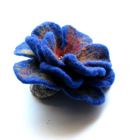 Flower handfelted wool brooch cobalt flower felt brooch felted flower hand felted brooch