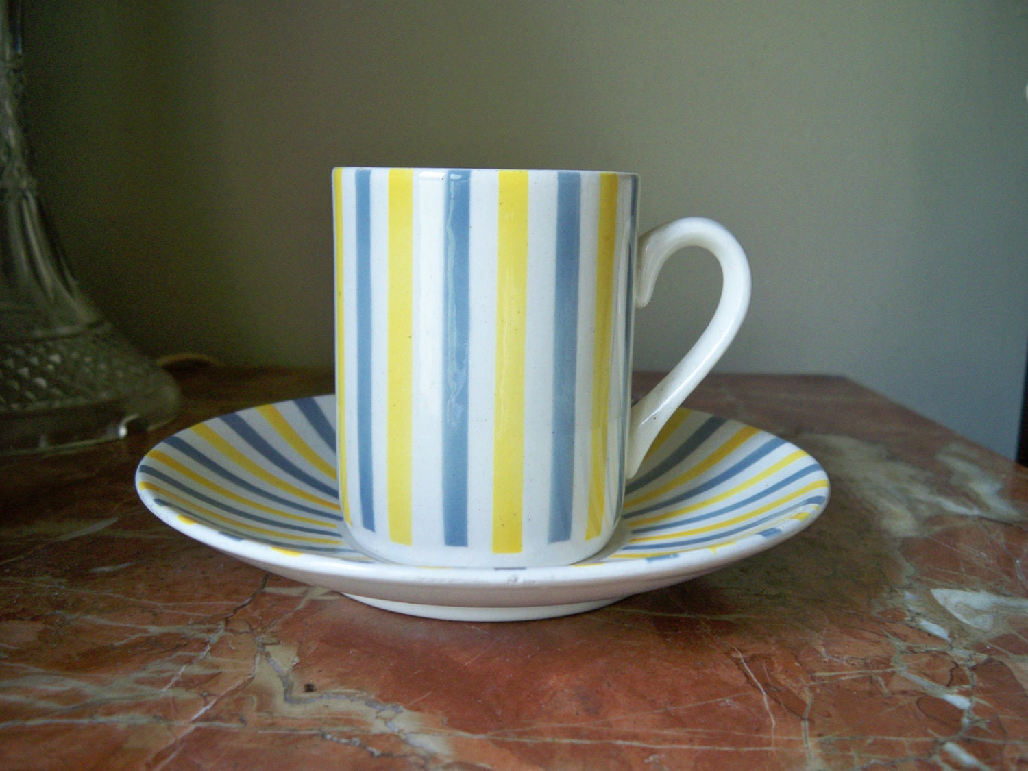Vintage Cup and Saucer Striped Yellow and Grey