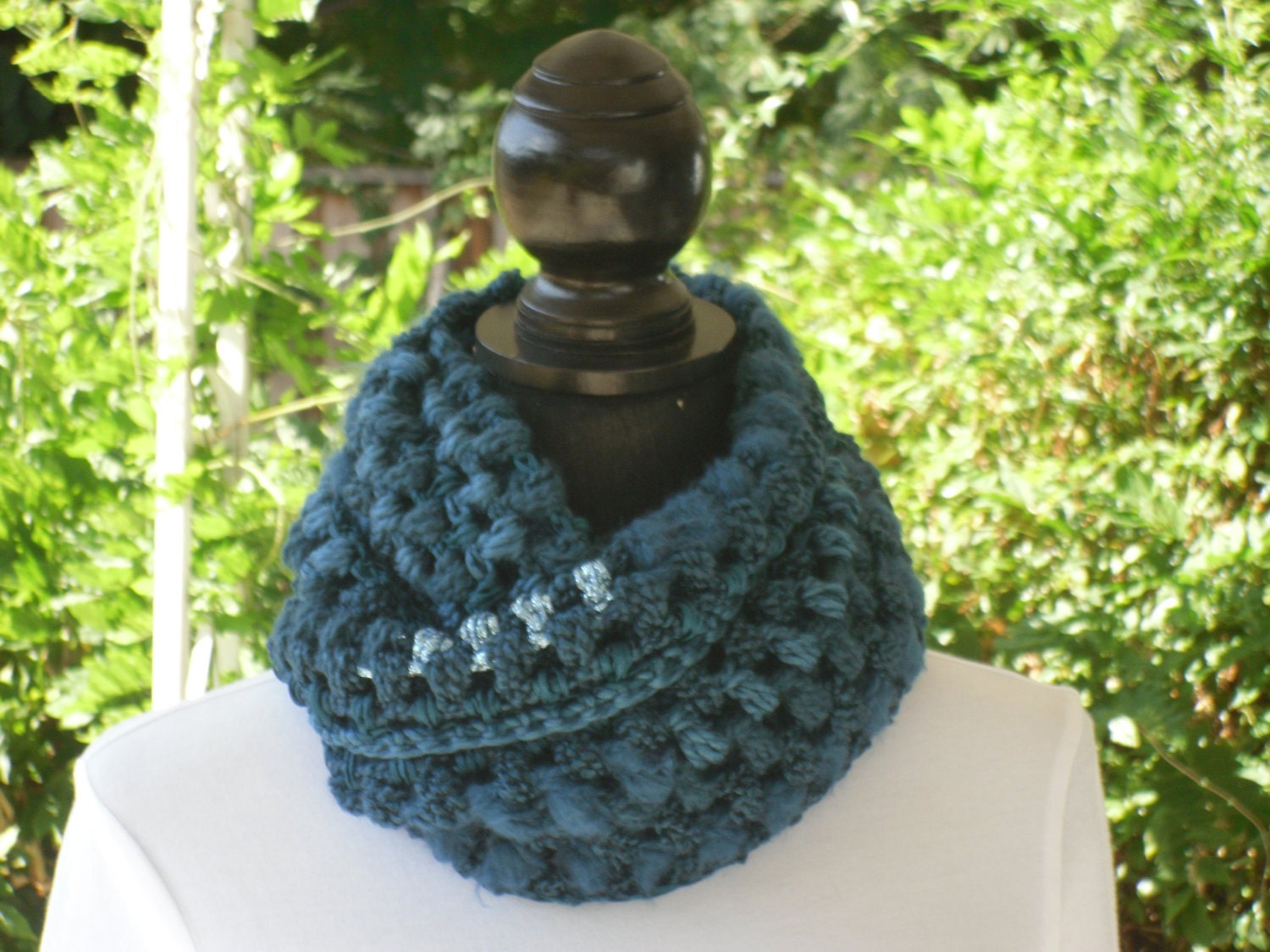 Infinity Eternity Cowl Neck Warmer Scarf Aquamarine Blue Soft Cluster Crochet MADE TO ORDER