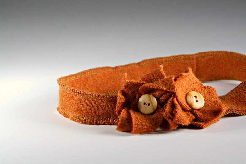 Upcycled Burnt Orange Headband with Flower Pins, Adjustable - TrendyEarth Upcycled Burnt Orange Headband with Flower Pins, Adjustable - TrendyEarth