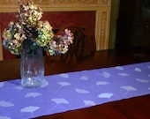 Linen Table Runner periwinkle blue with silver Ginkgo leaves