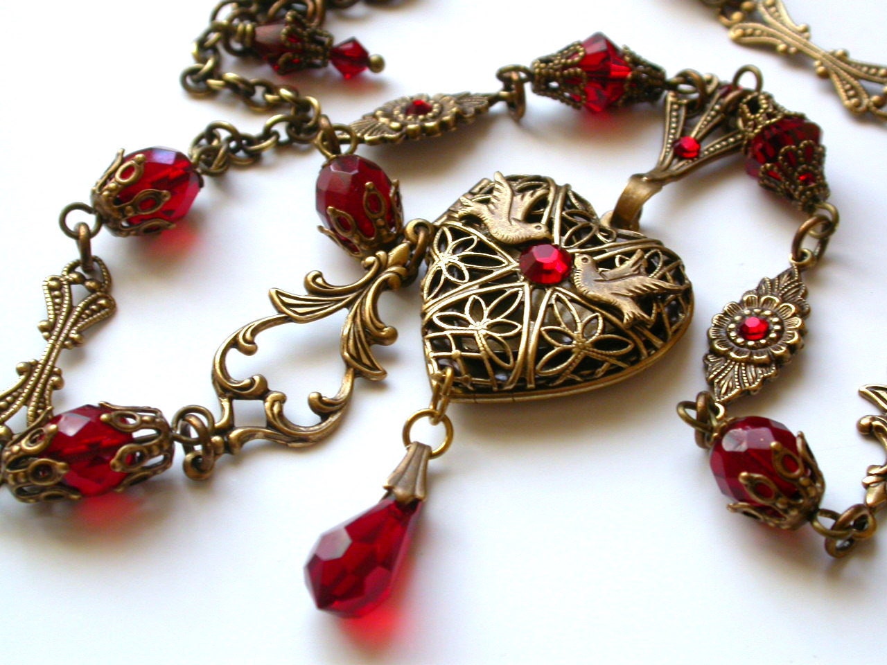 Victorian Heart Locket Pendant - Ruby Swarovski Crystals Necklace - Victorian Jewelry