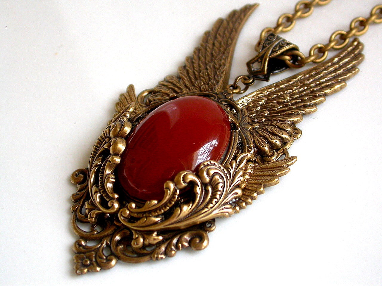Gold Angel Wings Gothic Pendant - Carnelian Agate Gemstone - Gothic Jewelry