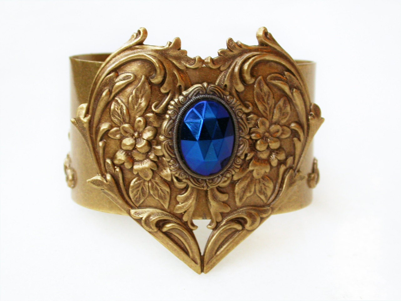 Floral Heart Brass Cuff - Iris Blue Jewelry Stone - Victorian Jewelry
