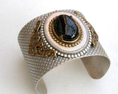 Victorian Silver Cuff - Black Onyx Gemstone - Vintage Style Jewelry