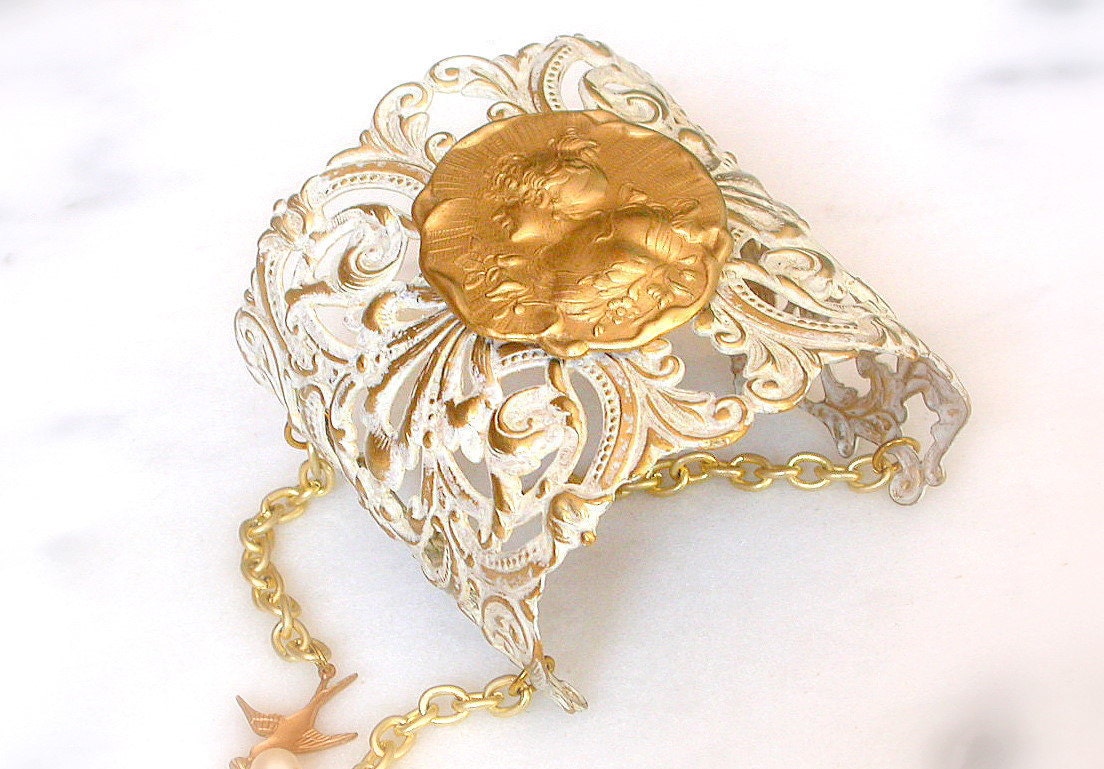 Bridal Victorian Lace Cuff - Ivory Patina on Brass - Wedding Victorian Jewelry