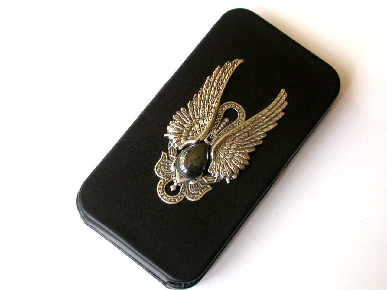 Gothic iPhone 4 - 4s Leatherette Flip Case - Silver Angel Wings on Black Leather - iPhone Accessories