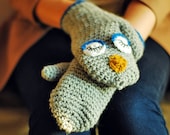 Sleeping Owl Mittens Gloves Gift Wool Crochet Winter Cold Days Australia Woman Girl Teens Cozy Grey