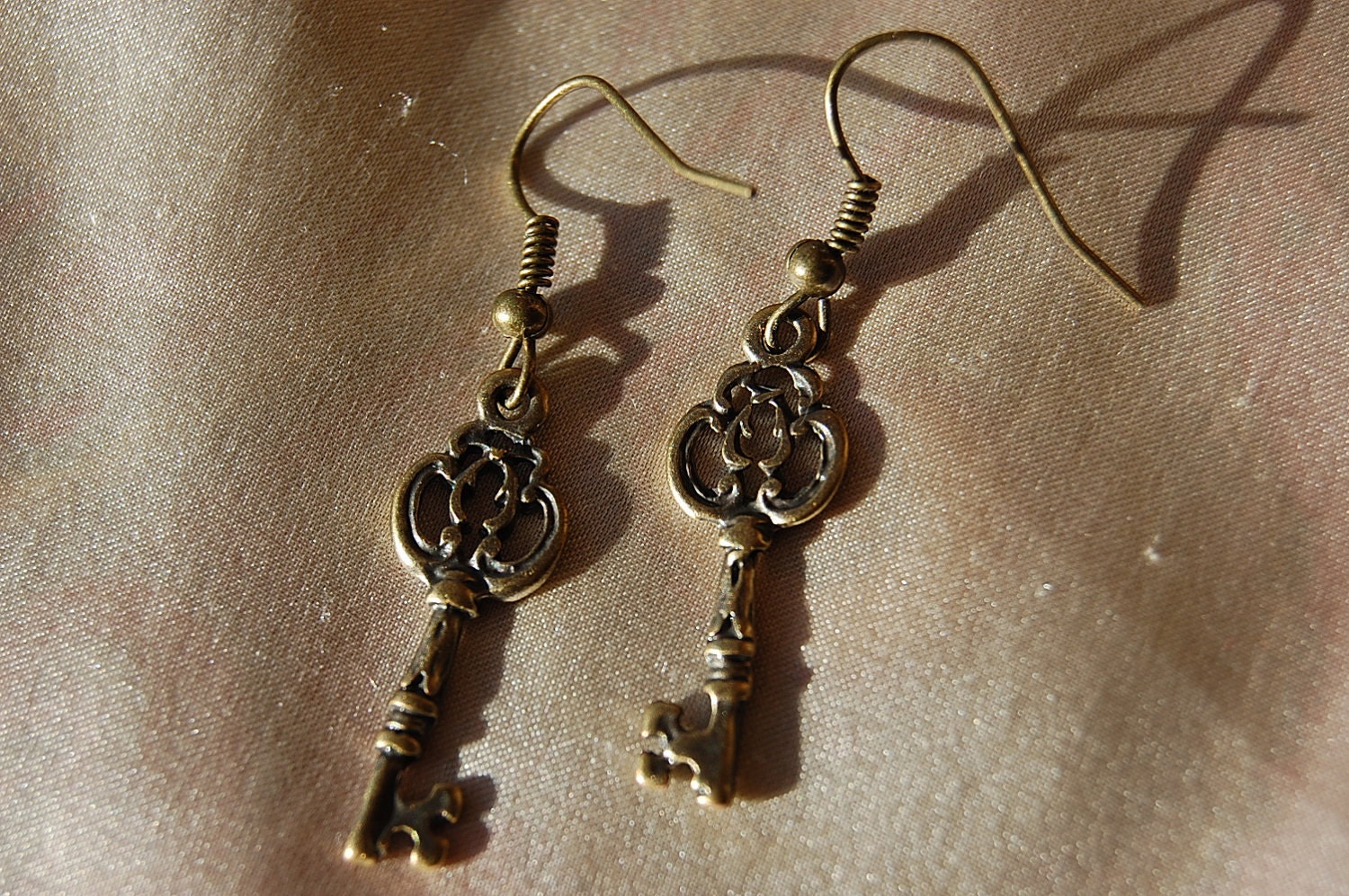 Vintage style bronze skeleton key charm earrings