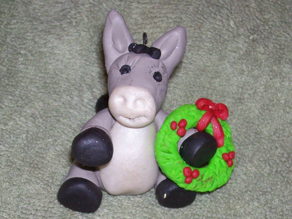 Donkey Christmas ornament with wreath,Polymer clay