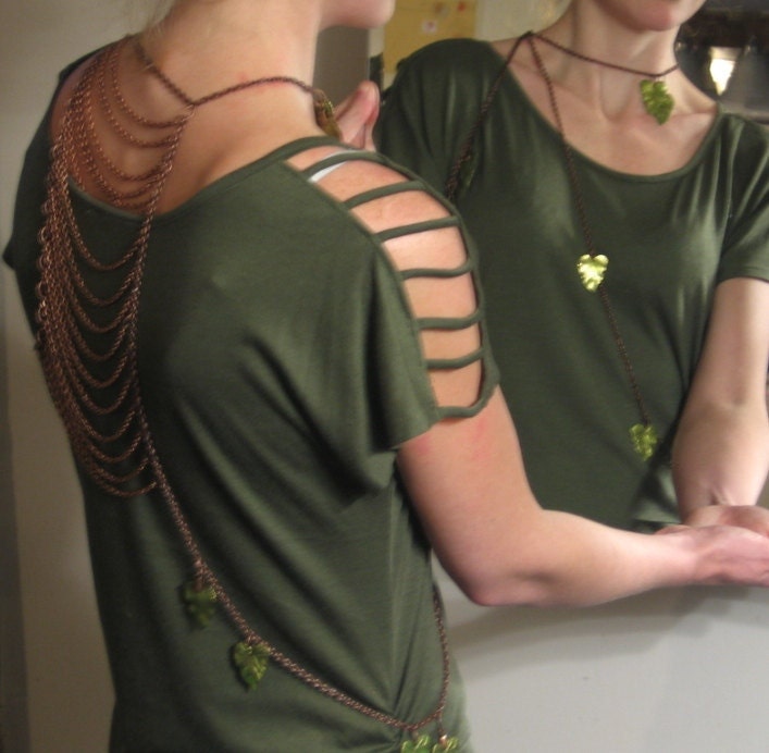 Necklace Body Chain.One with earth. Engulfed in vines.Copper chain w metal sunshine filtered leaf green leaves. Adjustable.