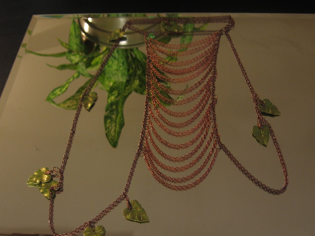 Necklace Body Chain.One with earth. Engulfed in vines.Copper chain w metal sunshine filtered leaf green leaves. Adjustable.