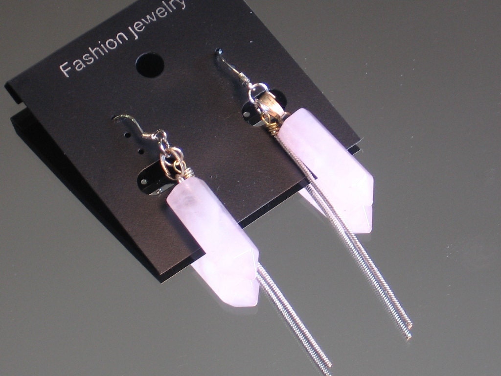 Sterling Silver Rose Quartz Earrings with 1mm Sterling Silver snake chain Tassels. 925 Ear wires, hexagonal tube Pendulums.