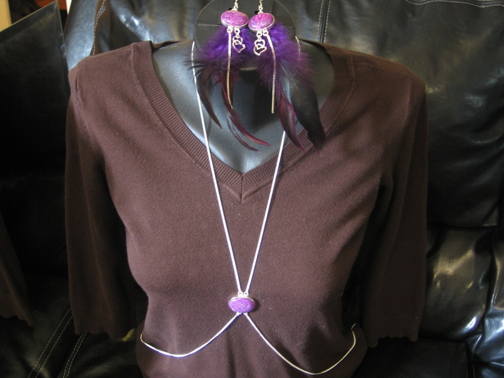 925 Silver Body Chain Harness belly chain belly dancing jewelry with Purple Coral Jasper Gemstone & matching feather earrings.