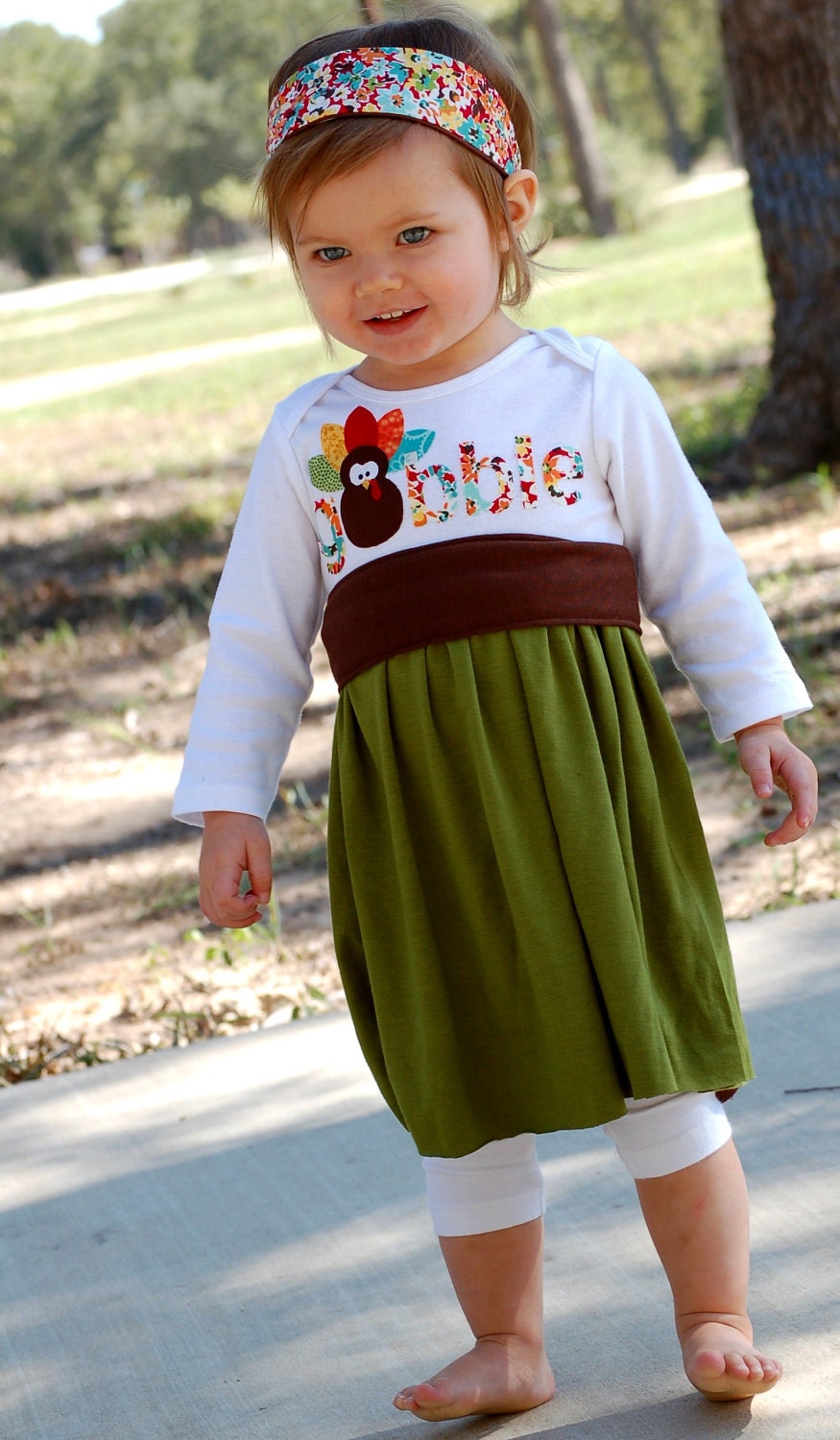 Little girl fall Thanksgiving dress - for toddlers and babies - autumn dress - olive green, brown, red, orange, yellow, turquoise, turkey