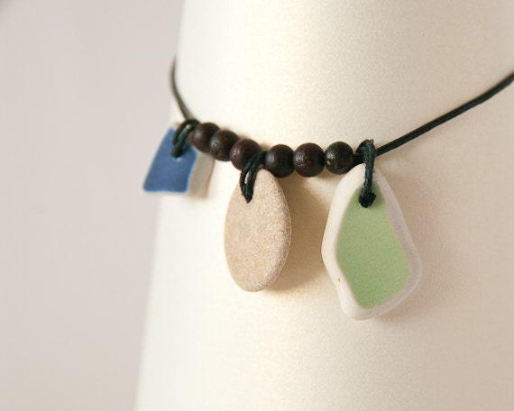 Beach Pebble Anklet or Bracelet, Zen, Yoga Style, Boho, Unisex Hipster Urban Jewelry by HappyEmotions, Sea Stone and Pottery, OOAK, Rocks